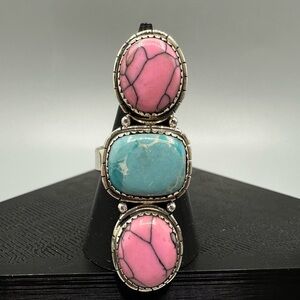 Pink Gibbsite & Blue Sea Sediment Jasper Sterling Silver 925 Crawler Ring